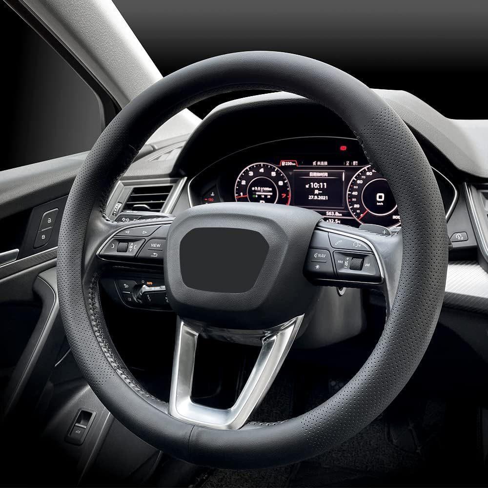 For Cadillac Napa All-season Genuine Leather Car Steering Wheel Cover 15 Inches 38 Cm Non-slip Breathable Black Handle Cover