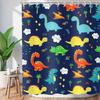 JAWO Dark Blue Cartoon Dinosaur Shower Curtain Kids, Cartoon Dinosaur Curtains Colorful Animals Plants for Boys Girls Polyester Fabric Shower Curtain