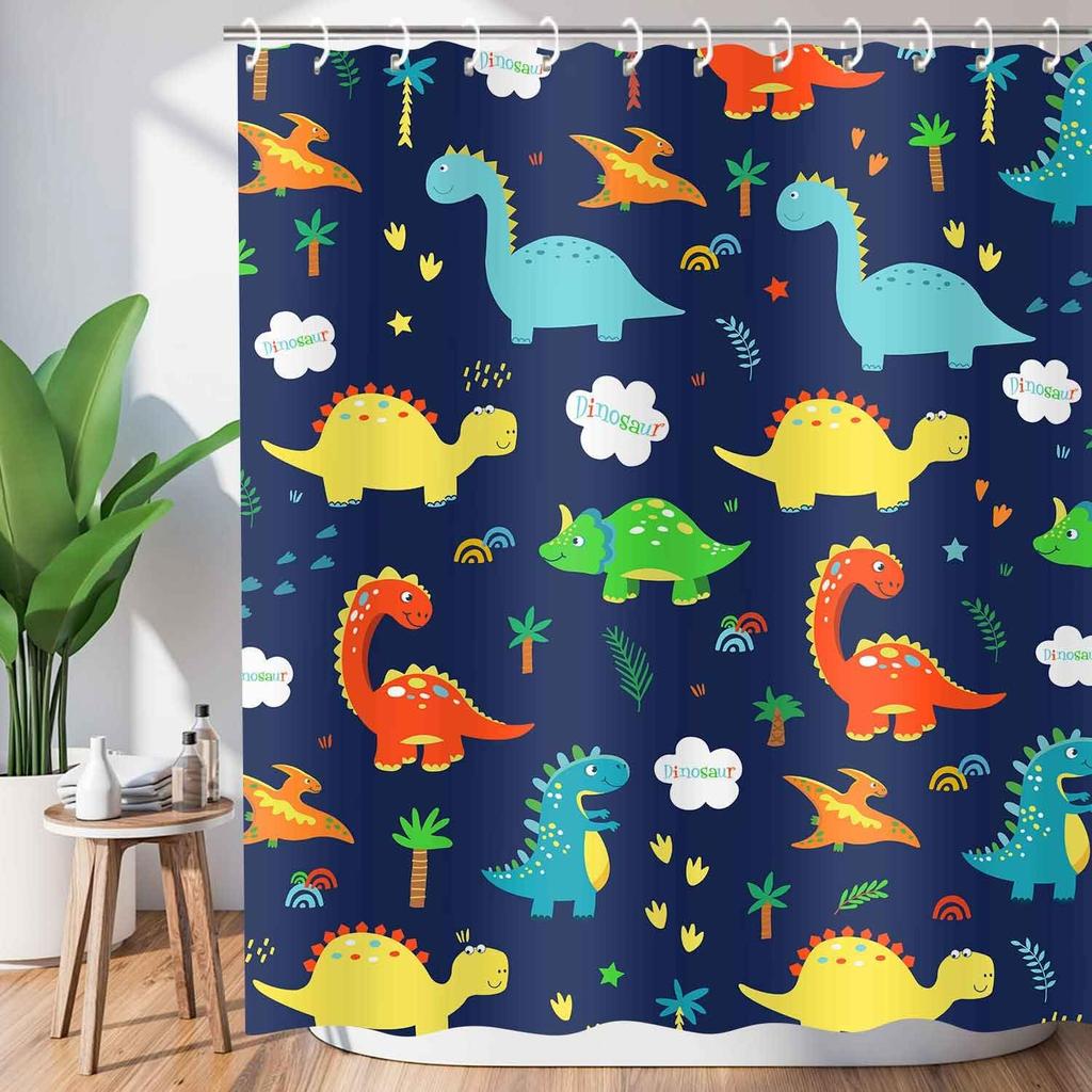 JAWO Dark Blue Cartoon Dinosaur Shower Curtain Kids, Cartoon Dinosaur Curtains Colorful Animals Plants for Boys Girls Polyester Fabric Shower Curtain