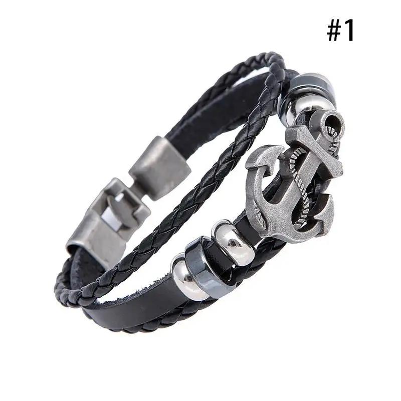 Mens Fashion Decoration Black Leather Anchor Wristband Bracelet Stainless Steel Clap Gift Accessoriescreative Birthday Gifts