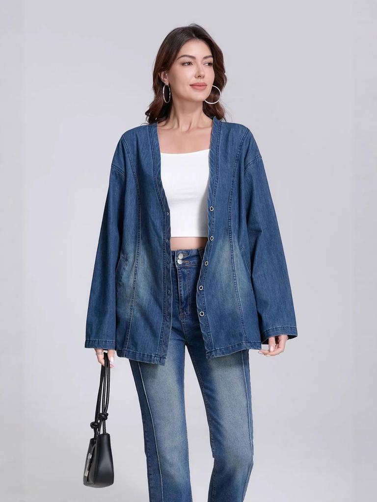 Stylish V-Neck Loose Denim Jacket - Early Autumn Casual Design