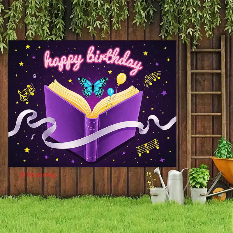 2D Purple Book Backdrop Happy Birthday for Book Lover Magical Themed Photo Booth Background