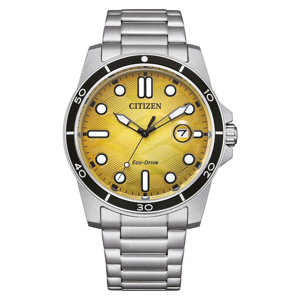 Citizen Stainless Steel Marine 1810 Yellow Dial Analog Watch Modern Eco-Drive Men's Aw1816-89X,
