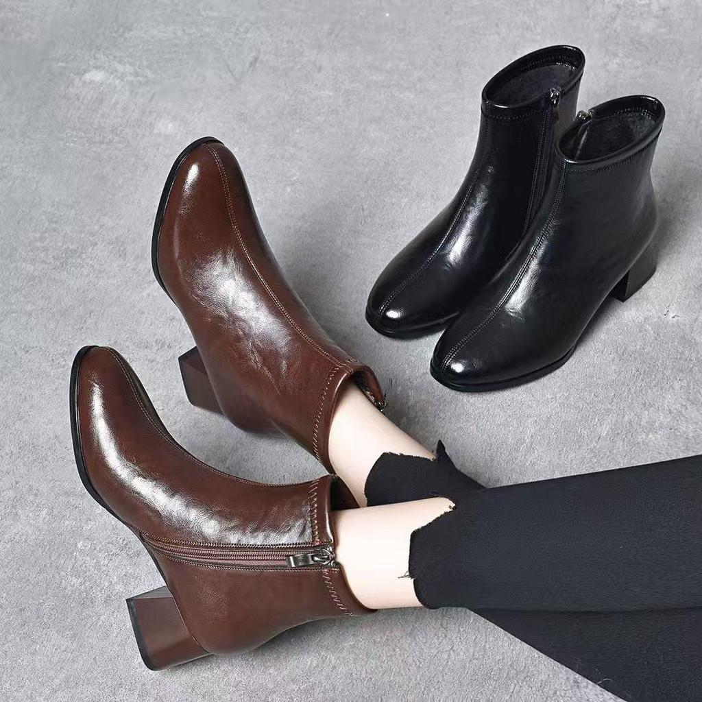 2025 Autumn/Winter Women's Square-Toe Ankle Boots - Chunky Heel, Genuine Leather, Fashionable, Versatile & Comfortable Warm Cotton Lining