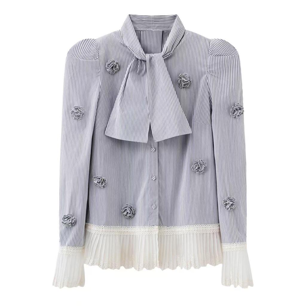 In Stock: Women's 2026 Spring 3D Floral Puff Sleeve Striped Shirt LF26C11SB130