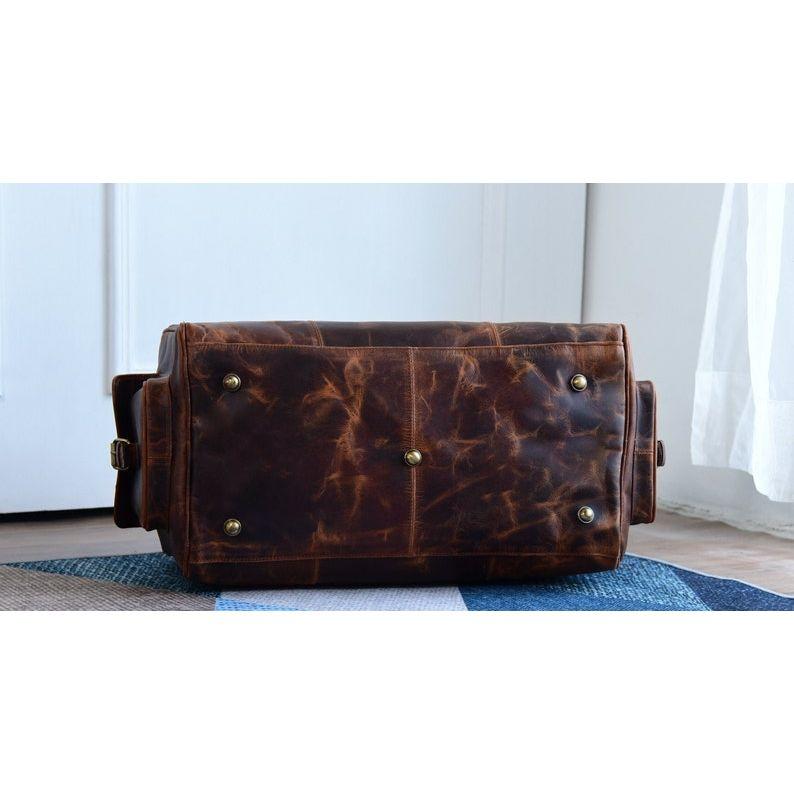 Buffalo Leather Duffel Bag, Monogram Weekend Bag, Full Grain Leather Overnight Bag, 3rd Anniversary Gift, Personalized Duffle Bag