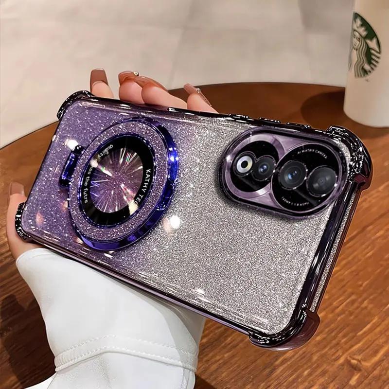 Honor90 5G Case Luxury Magnetic Bracket Shockproof Cover For Huawei Honor 90 70 50 80 100 200 Pro Case with Holder Shiny Glitter