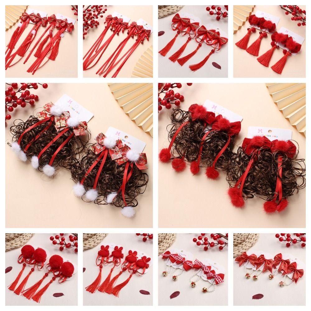 2pcs Chinese Style Baby Wig Hairpin Curly Red Bowknot Hairclip Children's Bow Wig  New Year Festive