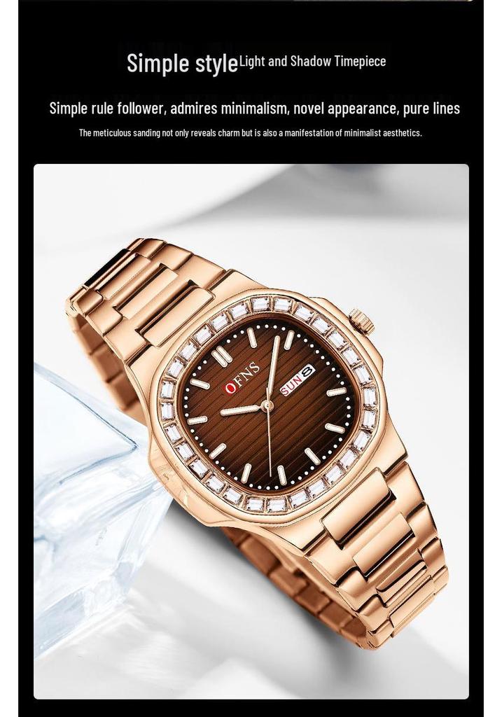 OFNS Men's Classic Quartz Watch: Square Diamond-Inlaid Dial, Dual Calendar, Waterproof, Two-Hand Design