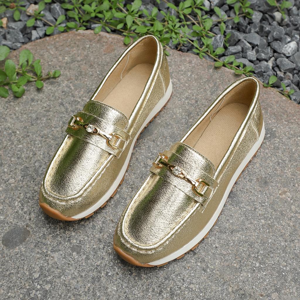 Fashion Female Women Round Head Low Heel Knot Chain Casual Footwear Sneakers Mother Shoes Lady Loafer Retro Spring Autumn New Bean Shoes