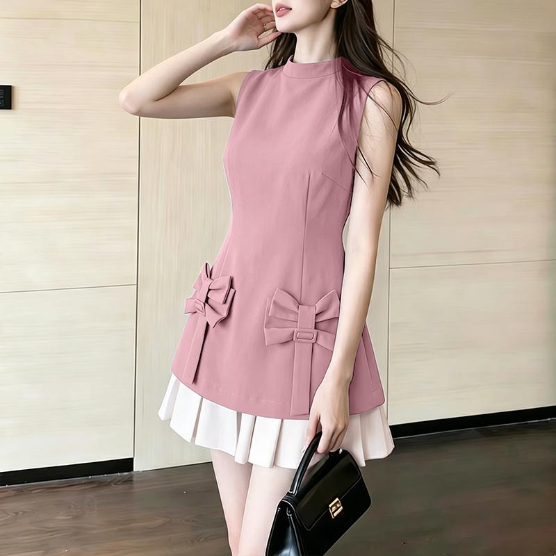 ZANZEA Women Elegant Round Neck Casual Sleeveless Splice Pleated Short Dress