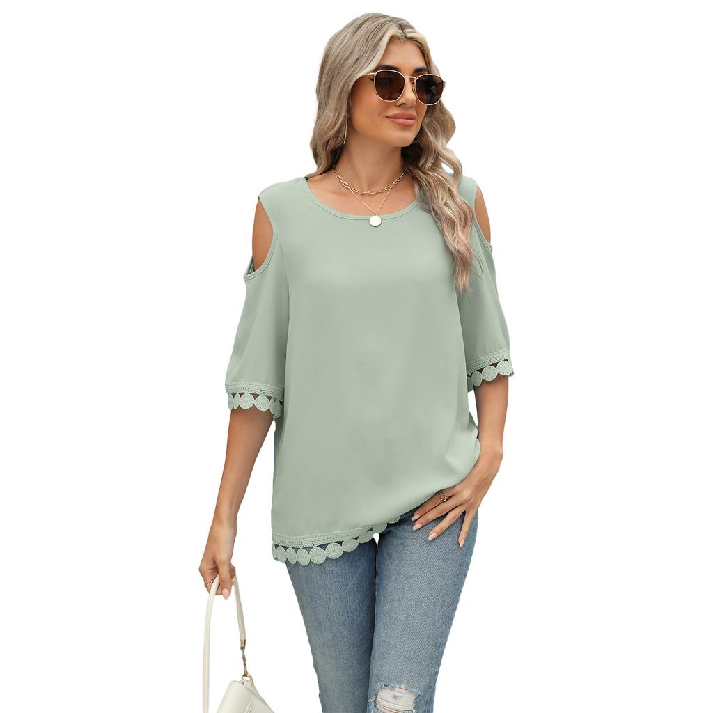 Women's Spring and Summer New Round Neck Lace Chiffon Shirt Loose Strapless Middle Sleeve Tops