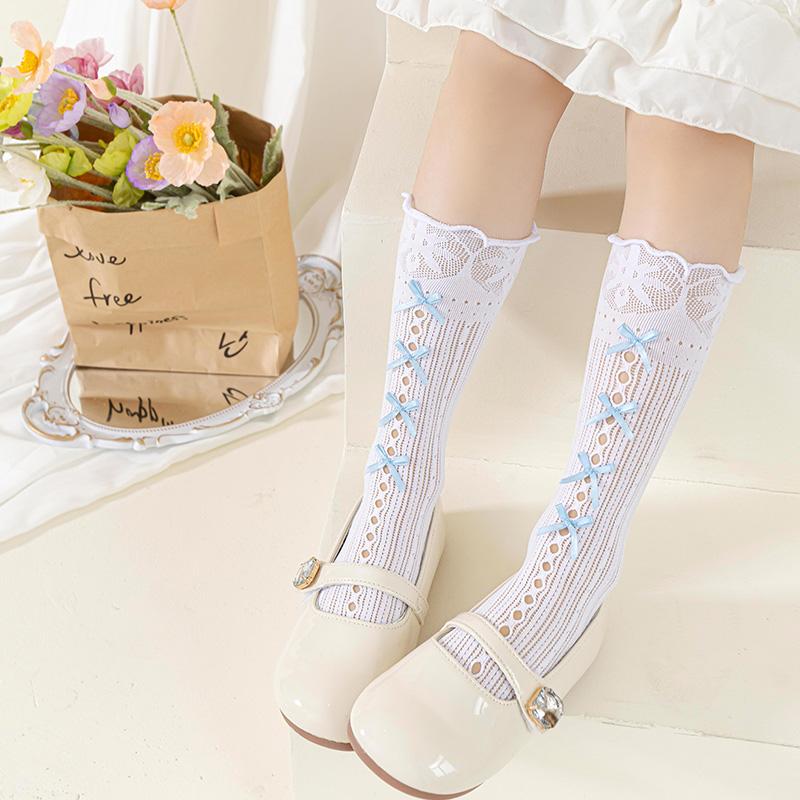 Girls Over The Knee High Socks Retro Stripes Hollow Mesh Cute Bowknot Princess Baby Kids Long Stockings