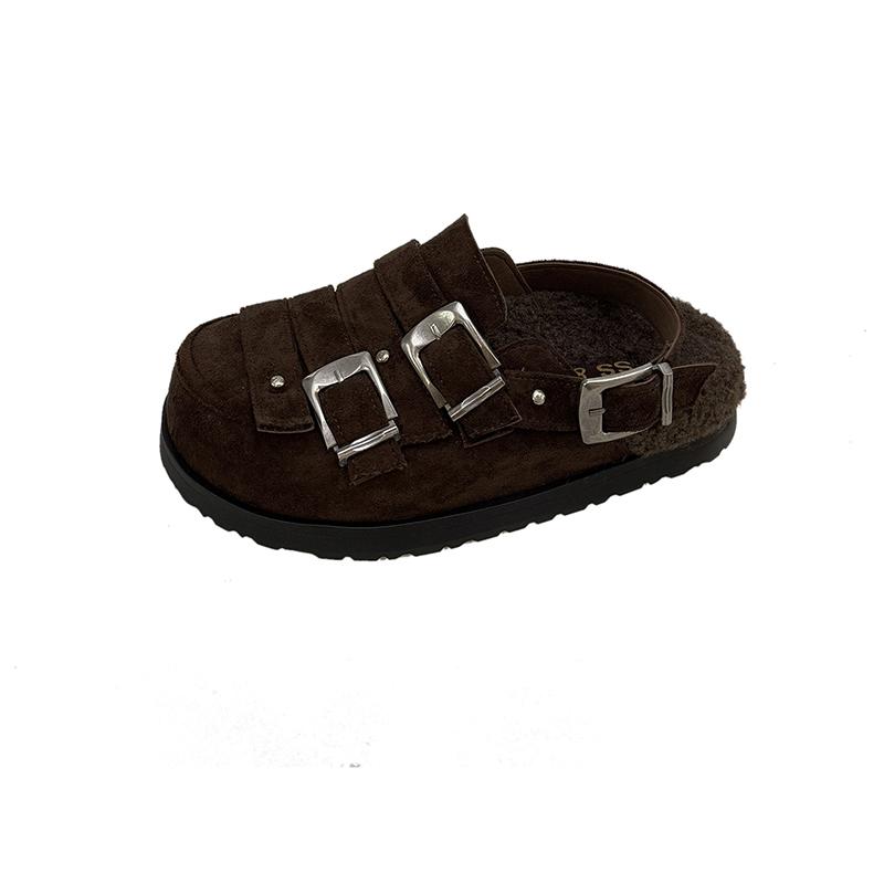 Autumn 2025 New Metal Buckle Big Head Lamb Wool Shoes Baotou Platform Slip-proof Semi-drag