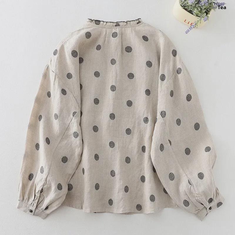

2024 Cotton Linen Retro Polka Dot Ruffle Collar Shirt Double Extra Large (2XL)
