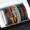 11 Stück/Set Vintage Türkis Leder Holzperlen Armbänder für Männer Braune Farbe Feder Geflochtenes Armband Set Männlicher Party Schmuck Geschenk
