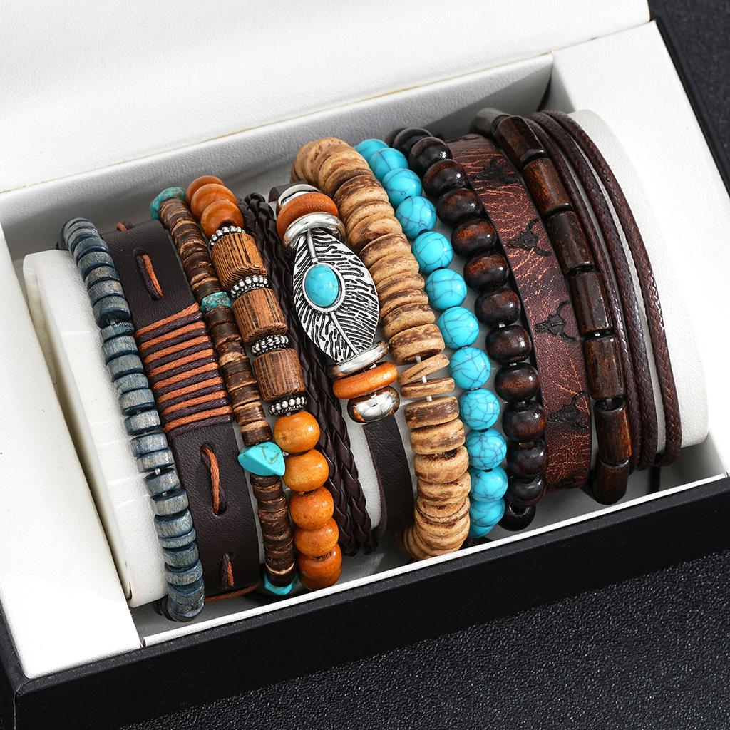 11 Stück/Set Vintage Türkis Leder Holzperlen Armbänder für Männer Braune Farbe Feder Geflochtenes Armband Set Männlicher Party Schmuck Geschenk