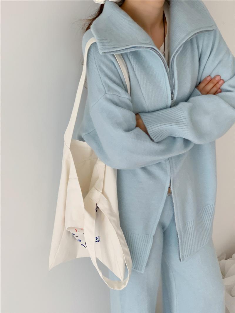 

Осенне-зимний комплект из корейского ленивого свитера, женский вязаный кардиган с отворотом, куртка, широкие брюки, комплект из двух предметов one size fits all