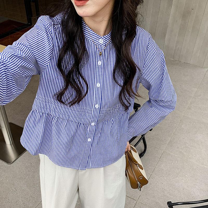 

Новое весеннее платье для женщин, полосатая рубашка с длинным рукавом, круглый вырез, плиссированный дизайн, свободного кроя, стройнящее XXL белый