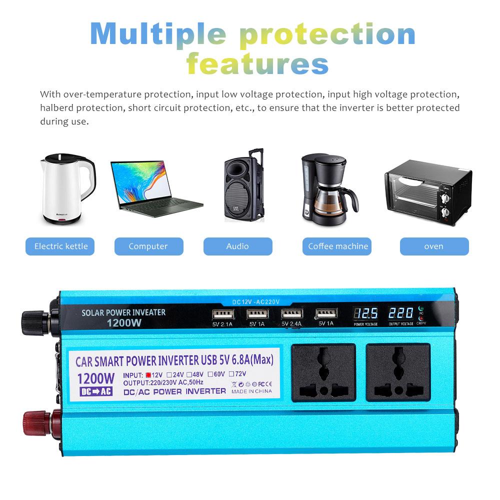Invertor de mașină cu energie solară 4USB 3000W Invertor DC 12V 24V 48V la AC 220V Convertor de tensiune Transformator Afișaj LCD dublu