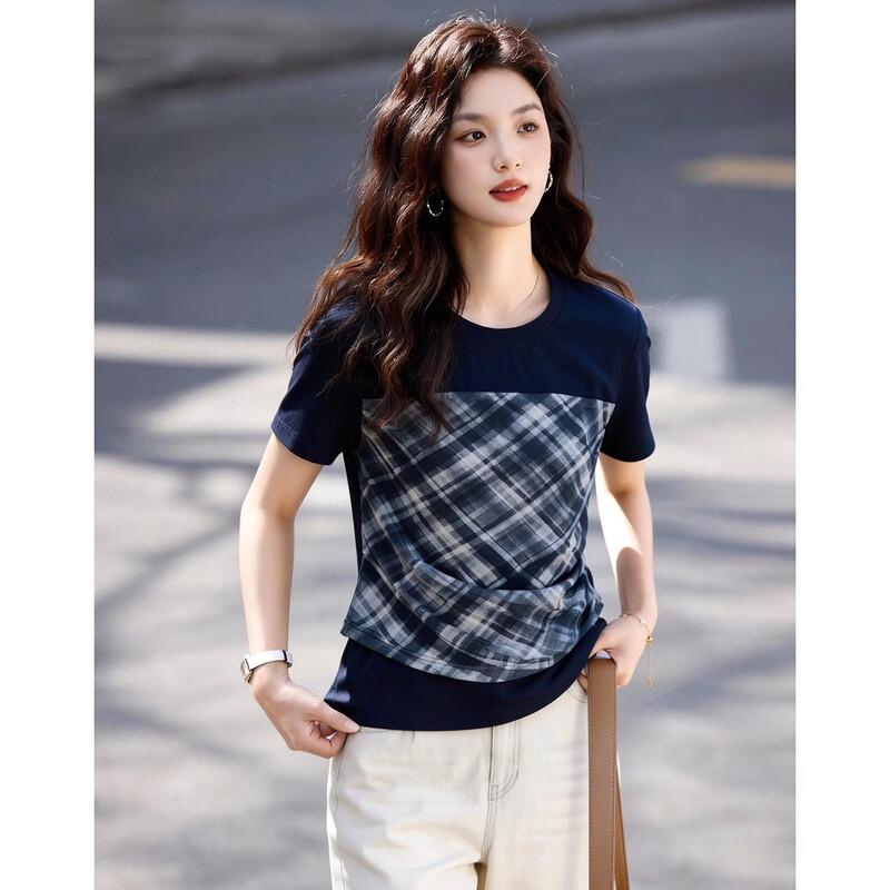 

Women s Retro Blurred Plaid Ribbed T-Shirt M