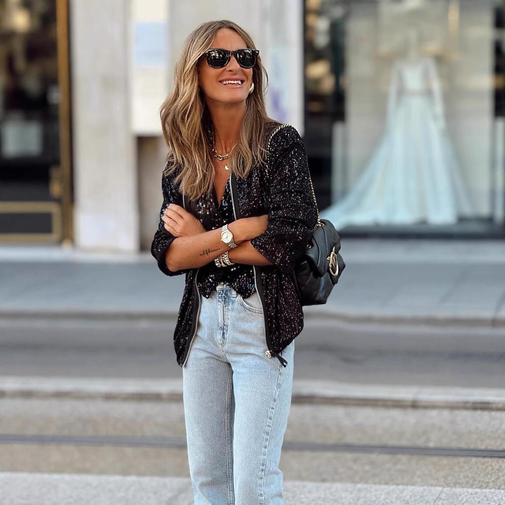 Fashion Sequins Cardigan Coat Women Casual Zipper Slim Long Sleeve Jacket Female Fall Short Coats Streetwear Tops