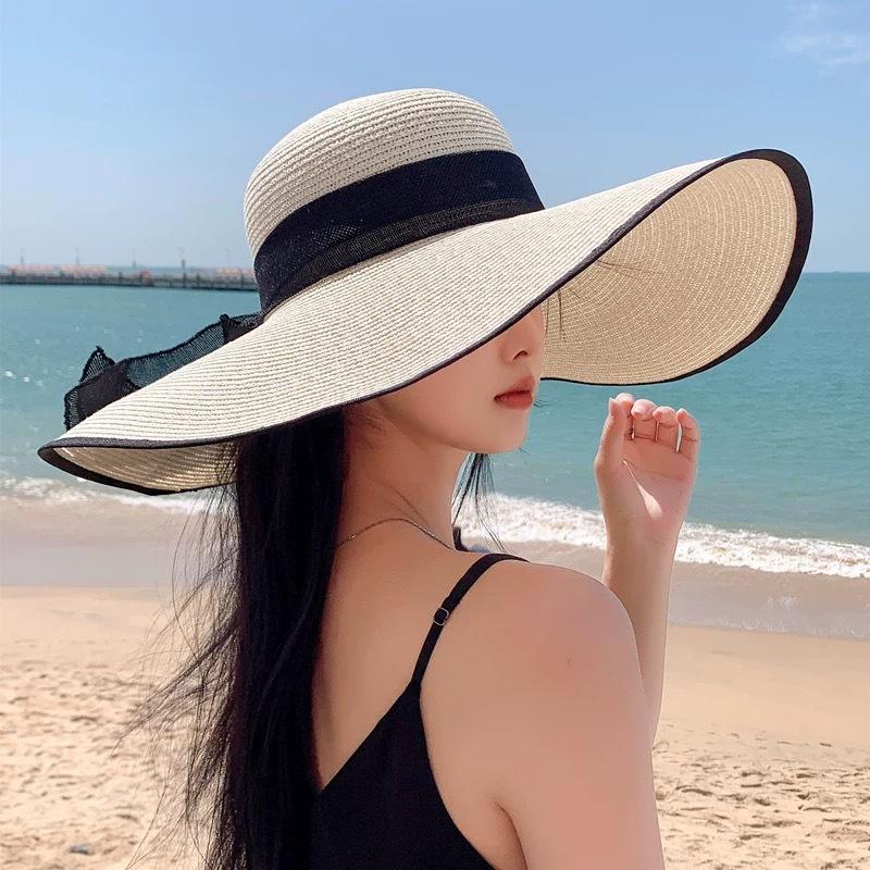 Women's Summer Sun Protection Straw Hat Extra Large Brim Sunshade Hat Beach Seaside Vacation Sun Hat Foldable Hat