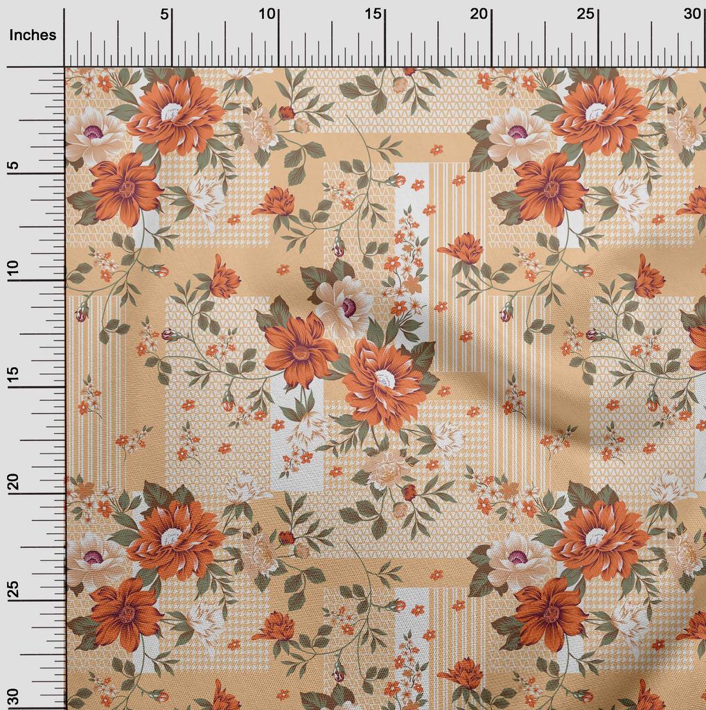 oneOone Cotton Flex Dark Beige Fabric Asian Floral With Geometrical Texture Sewing Craft Projects Fabric Prints By Yard 40 Inch