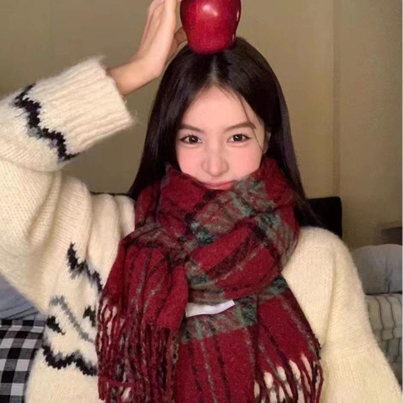 Classic Christmas Red Plaid Scarf for Women Winter Korean Style British Shawl Thickened Dual Purpose Warm Student Scarf for Men