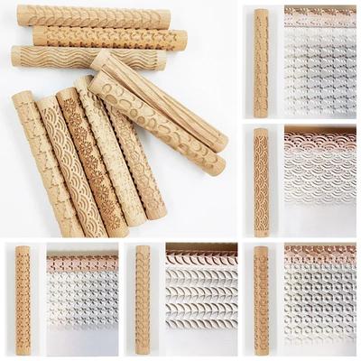 1 rouleau à pâtisserie en bois texturé pour poterie en céramique, tige en relief, motif floral, rouleau de boue, reliefs, outils d'argile, pierre, bricolage, pâtisserie