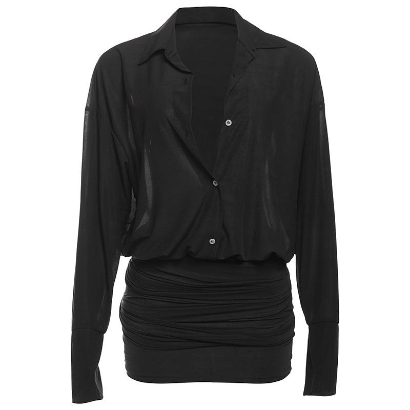 

Весна Новая Женская Одежда Темперамент Сексуальный Лацкан Приталенный По бедрам Платье-рубашка Короткая Юбка Женщины L чёрный