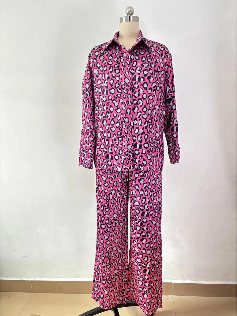 2024 Spring Women's Leopard Print Casual Two-Piece Set: Long Sleeve Top & Pants