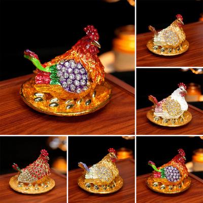 Rhinestone Chick Figurine Metal Simulated Hen Key Trinkets Jewelry Box Container Holder Home Office Desktop Decoration Ornament