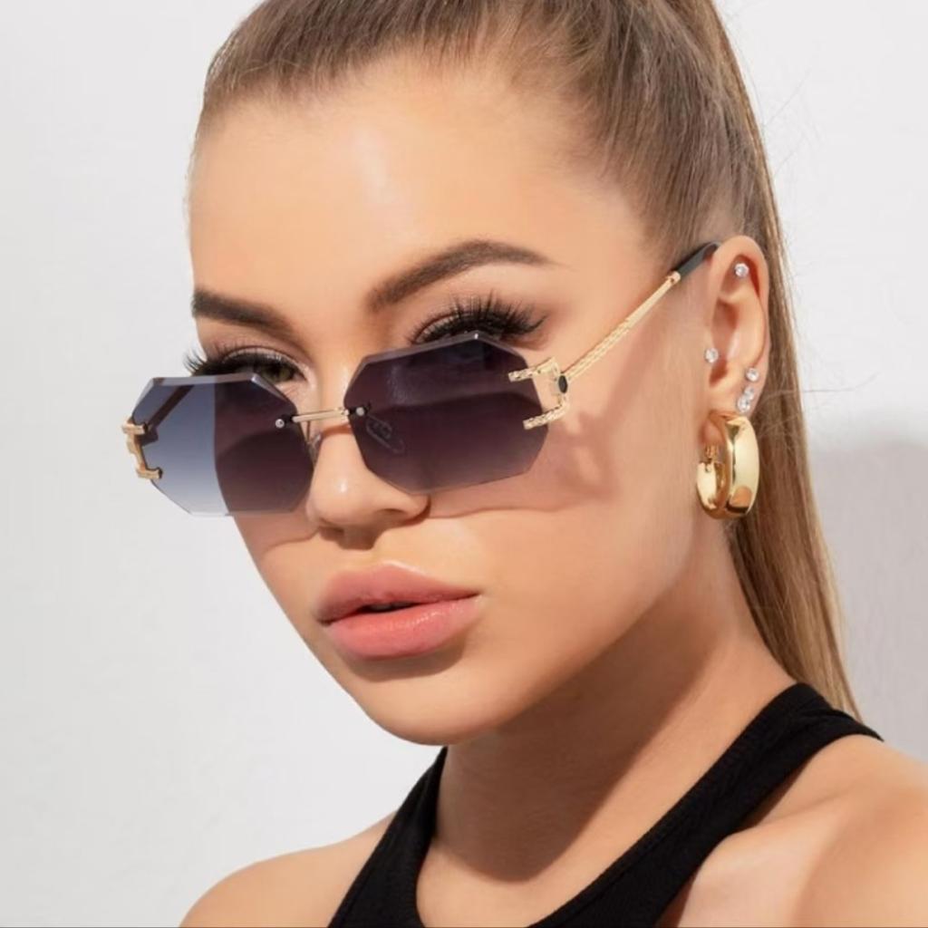 Unisex Metal Frameless Octagonal Sunglasses, Gradient Lenses With UV Protection For Daily And Outdoor Use