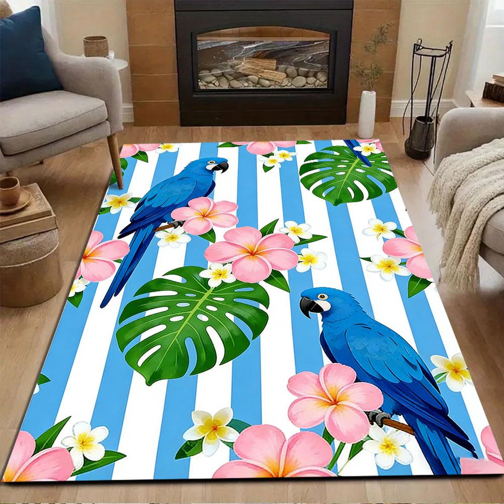 Blue Parrots and Tropical Blooms Patterned Carpet, Non Slip Mat Suitable for Living Room and Bedroom Sofas