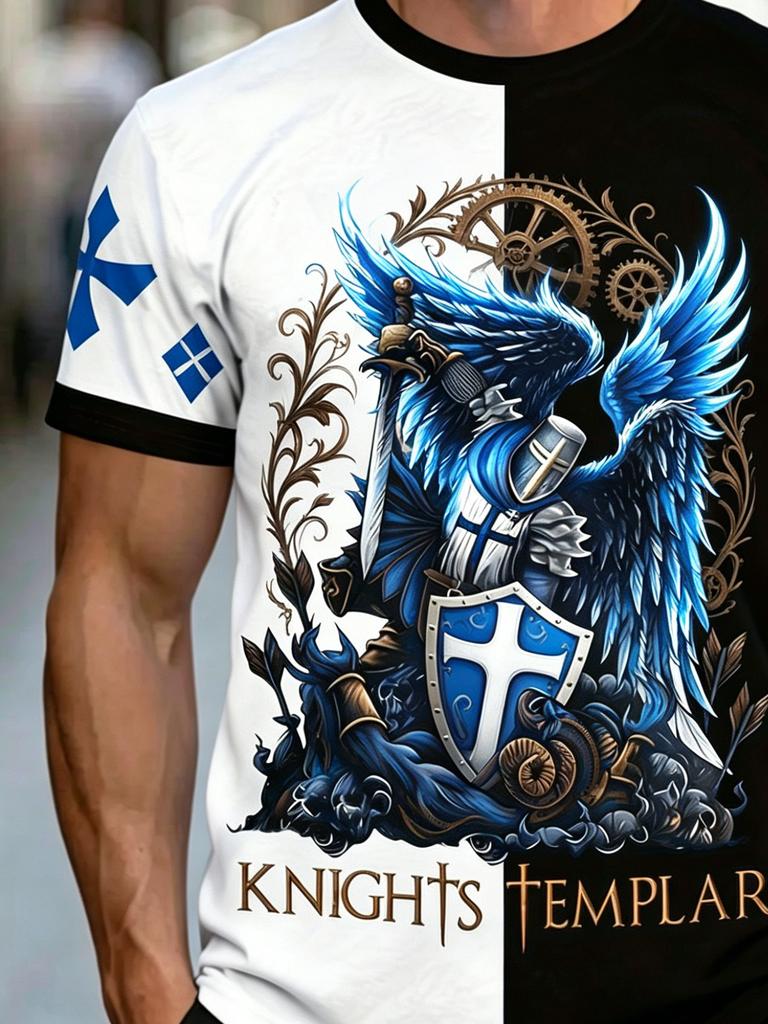 [Printed Design – Not Textured] Dark Style Temple Knight Plus Size Men'S Short Sleeve T-Shirt, Plus Size Loose Fit Round Neck Casual Summer Men'S Top