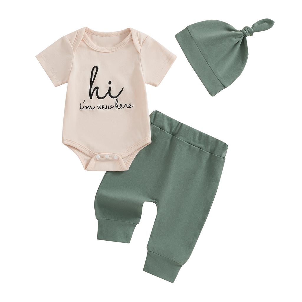 Baby Girl Boy Summer Outfits Letter Embroidery Short Sleeve Romper Elastic Waist Pants Hat Newborn Clothes Set