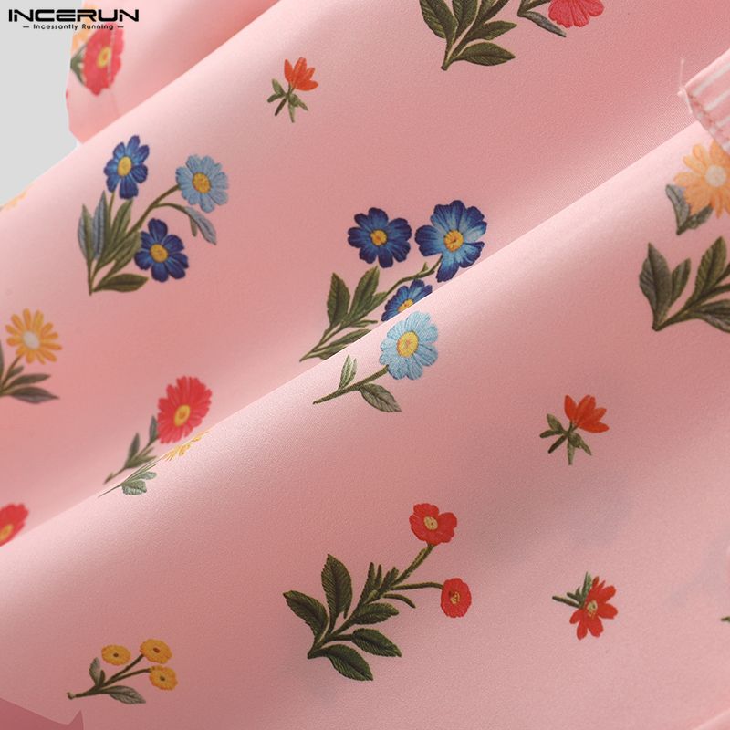INCERUN Men Lapel Neck Short Sleeve Floral Print Striped Patchwork Casual Summer Shirts Tops