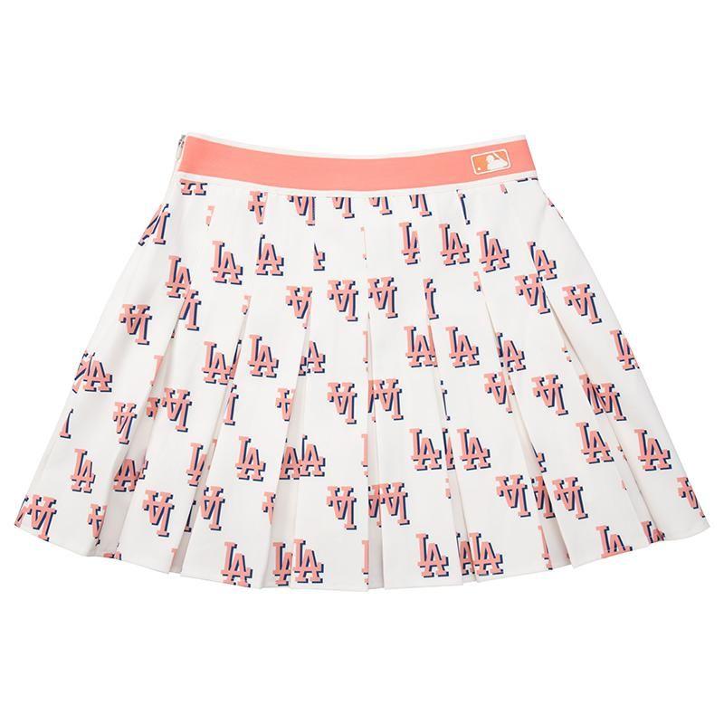 MLB Los Angeles Dodgers Sports Comfortable Fashion All Over Print Pleated Skirt Pants Casual Skirt Women skirts Cream 3FSKM0133-07CRS