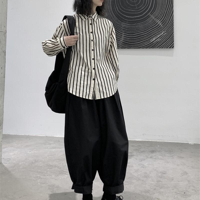 Johnature Simple Loose Striped Long Sleeve Shirt Spring Lapel Casual Loose Women Shirts