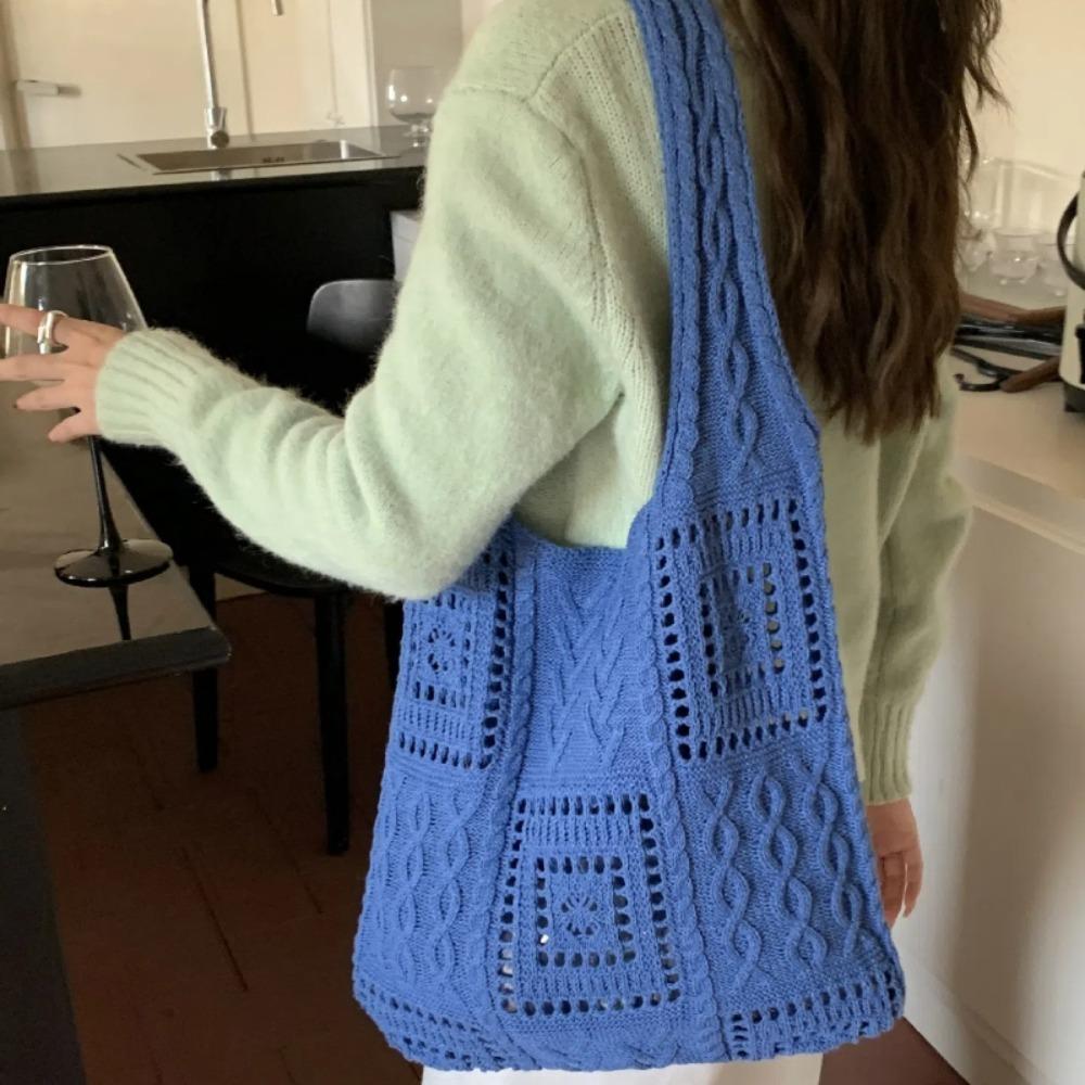 Knitted Woven Tote Bag Hollow Out Shopping Shoulder Bag Portable Summer Beach Bag  School