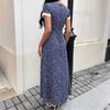 Damenmode Sommer Frühling Blumenmuster Druck Kurzarm V-Ausschnitt Hohe Taille Freizeitkleider