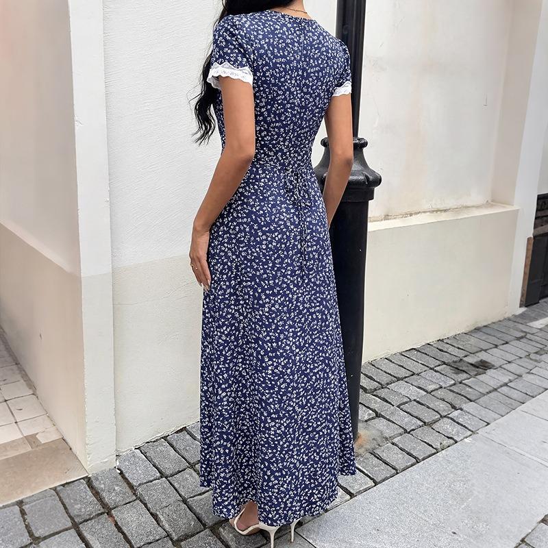 Damenmode Sommer Frühling Blumenmuster Druck Kurzarm V-Ausschnitt Hohe Taille Freizeitkleider