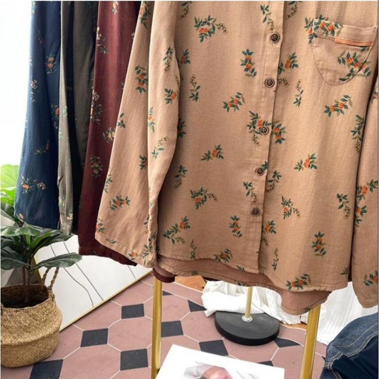 Floral Printed Long Sleeve Top Korean Retro Fashion Women Cotton Linen Autumn Shirt Digital Design Blouse