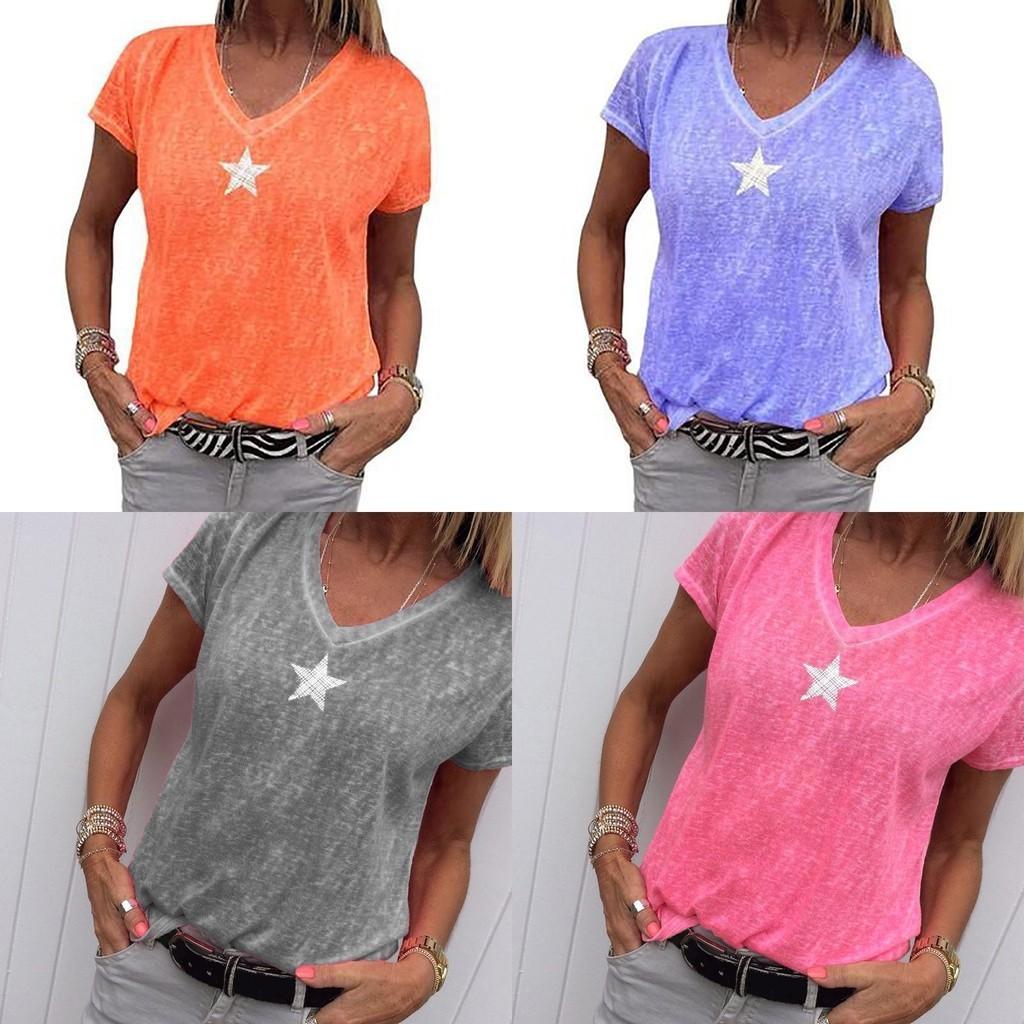 Stylish Women V-neck T-shirt Casual Loose Star Summer Shirts Solid Short Sleeve Perfect For Outdoor Activities