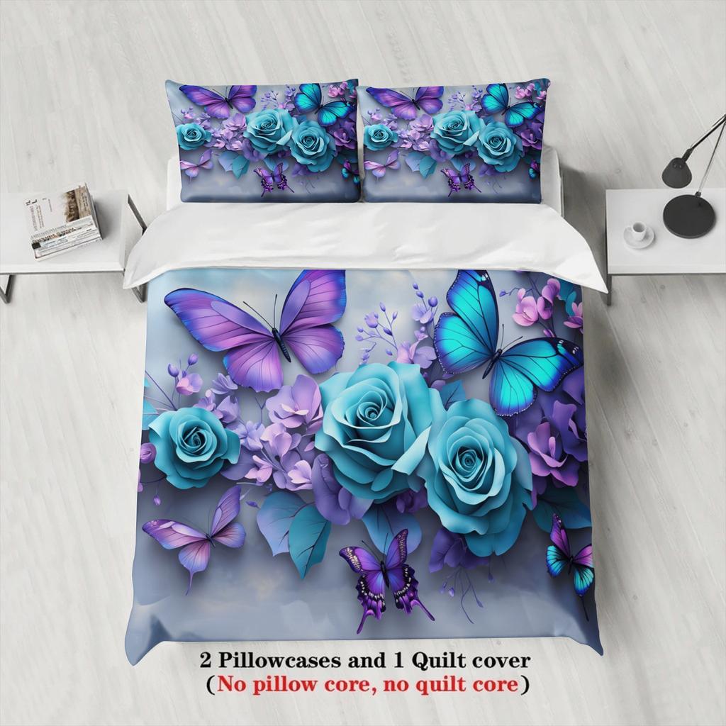 3pcs Butterfly And Rose Bedding Sets 3D Printed Floral Pattern Duvet Cover Sets With Pillowcases No Filling Vivid Visual Style