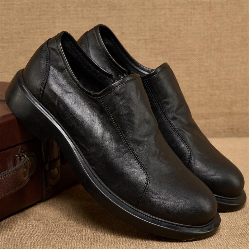 Men's Single-layer Business Leather Shoes Casual Leather Shoes Top Layer Cowhide Rubber Sole Side Zipper for Easy on And Off Brown Black