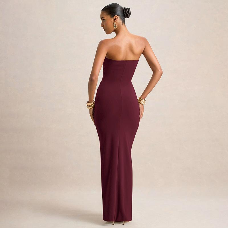 Women Sleeveless Strapless Ruched Maxi Dress Solid Color Elegant Formal Evening Dress