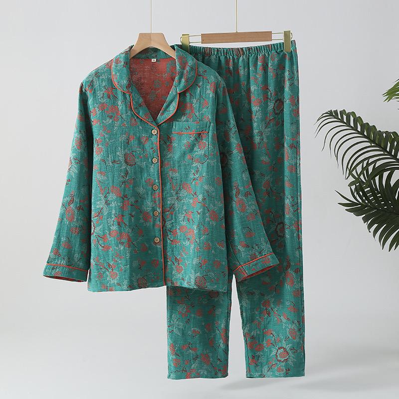 Cotton Winter Women Pajamas Long Sleeved Pants Women's Pajamas Suit Two Piece Set Home Clothes Flower Jacquard Sleepwear