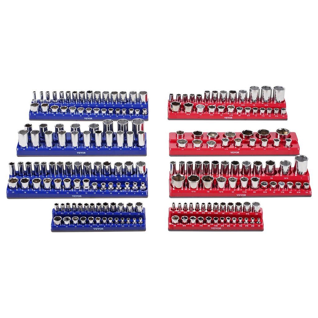 Magnetic Socket Organizer Set 8PCS Socket Trays Blue & Red for Metric SAE